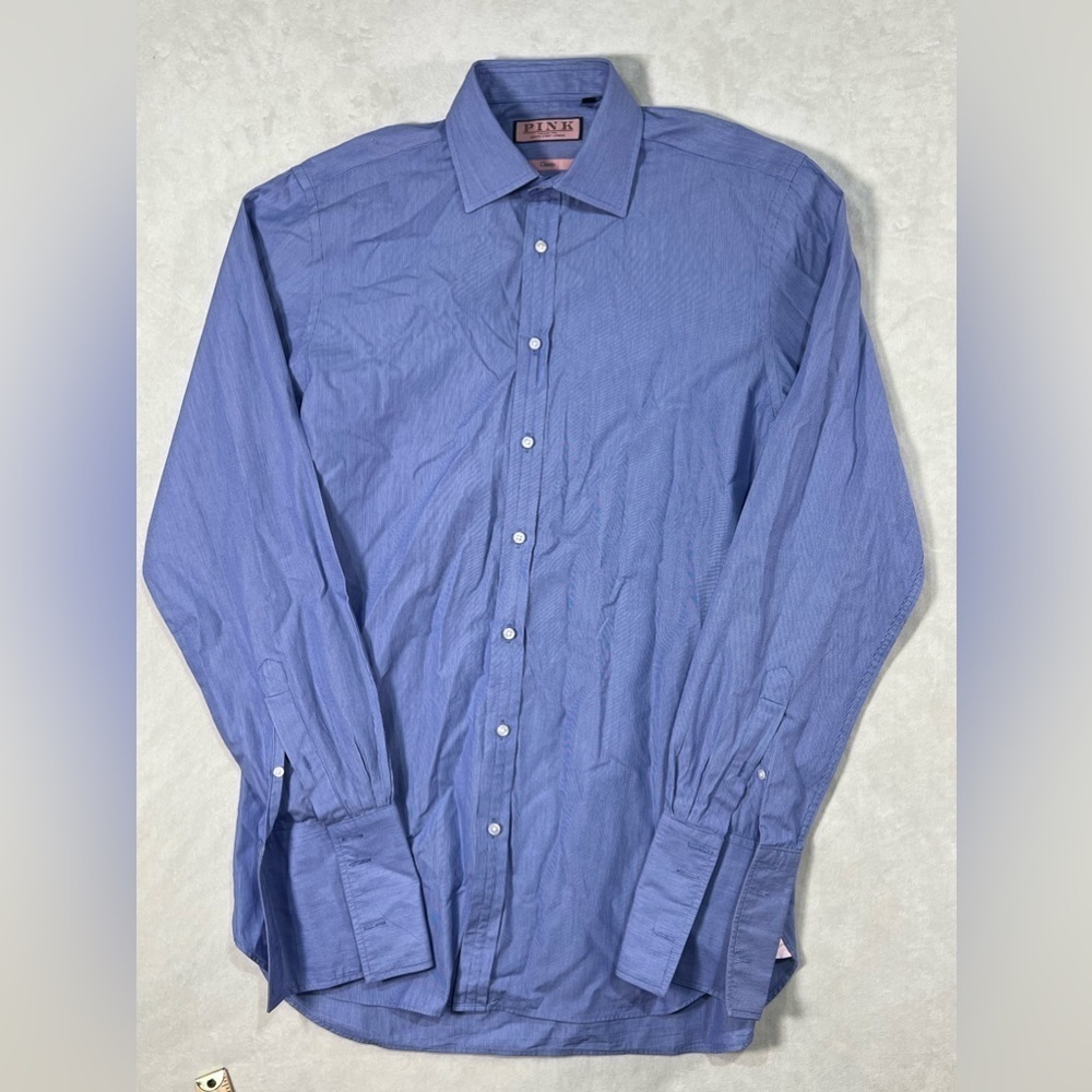 Thomas Pink London 15.5-36 Classic Fit Savile Row French Cuff Navy Stripe Shirt
